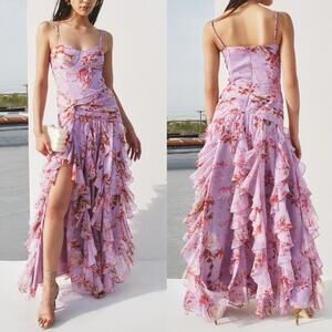 PatBO Floral Haze Flutter Strap Maxi Gown w/ Pleats & Draped Waist US4 $1100